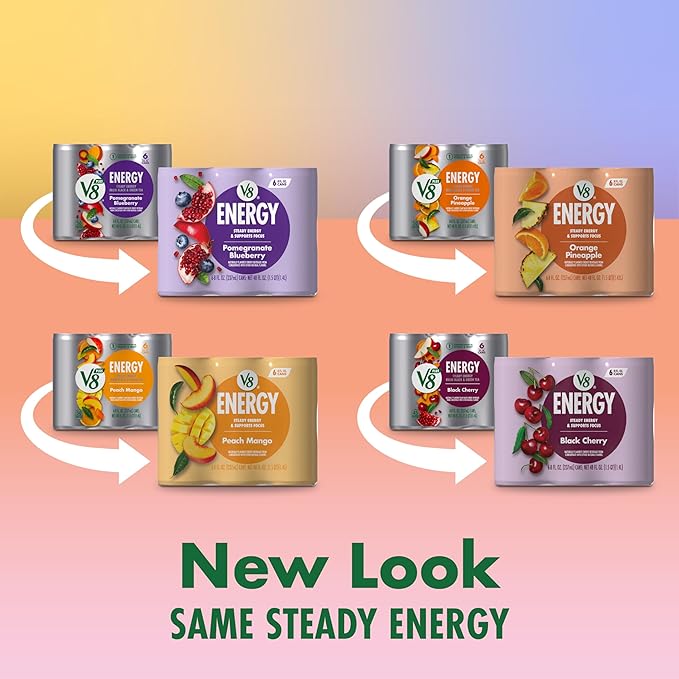 V8 +Energy Peach Mango, Orange Pineapple, Black Cherry and Pomegranate Blueberry Juice Energy