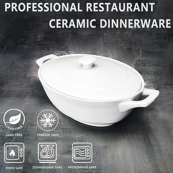 9" x 6.5" Oval Casserole Dish with Lids,1.9 Quart French White Ceramic Serving Soup Tureens, Baking