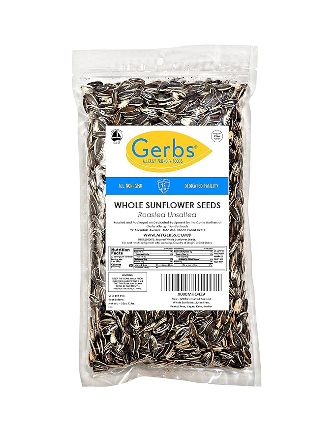Dry Roasted & Unsalted Whole Sunflower Seeds by GERBS - 2LB. Deal. Non GMO - Certified Top 10