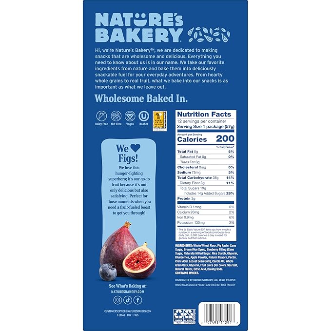 Nature?™s Bakery Whole Wheat Fig Bars, Blueberry, Real Fruit, Vegan, Non-GMO, Snack bar, 7 boxes