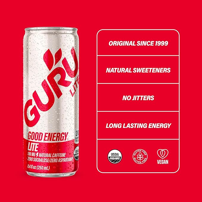 GURU Lite Organic Energy Drinks, Clean Energy Drink with Plant Based Natural Caffeine from Green