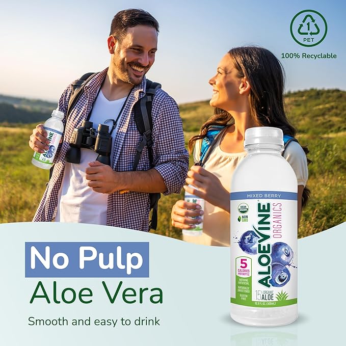 Aloe Vera Juice, No-Pulp Organic Drink, Healthy with Aloe Powder and Lemon Juice, 5 Calories, Low