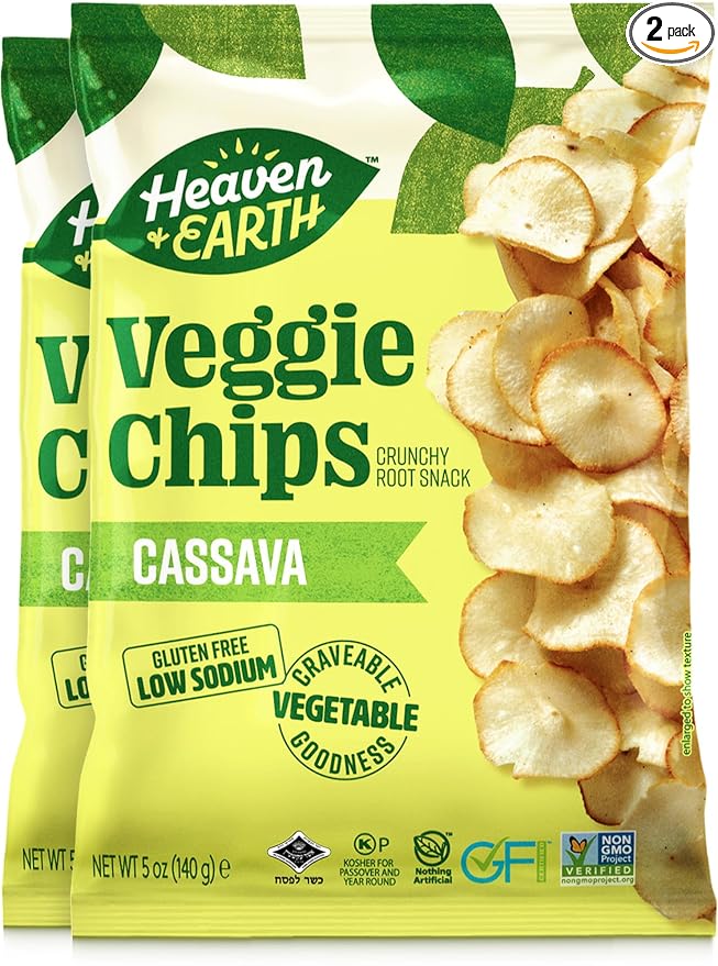 Heaven & Earth Cassava Chips, 5oz (2 Pack) Gluten Free | Non GMO | Low Sodium | Thin & Crisp Root