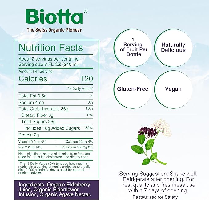 Biotta Organic Elderberry Juice - Naturally Sweetened Fruit Juice For Optimal Immune Support