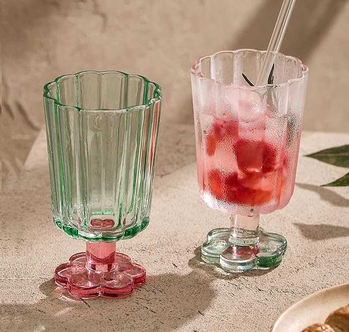 Tall Ripple Drinking Glasses Set of 2 (Pink & Green), Flower Petal Style Glass Goblet, Suitable for