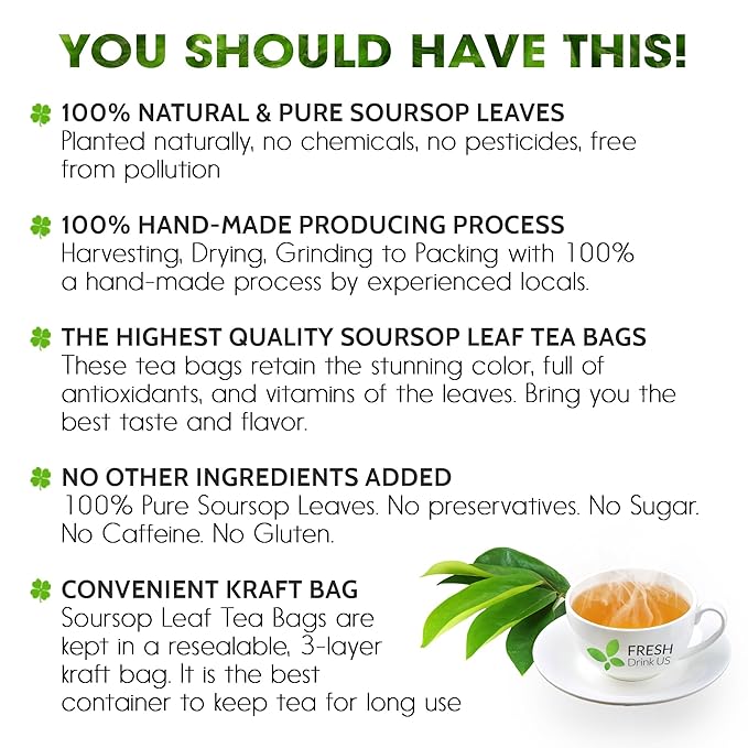 FreshDrinkUS, 60 Premium - The Top Soursop Graviola Leaf Tea Bags, 100% Pure & Natural from Soursop