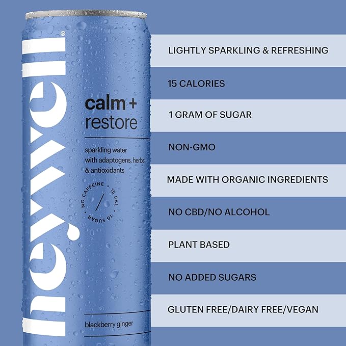 Heywell Sparkling Adaptogenic Water Calm and Restore, Blackberry Ginger Flavor 12 Fluid Ounce (Pack