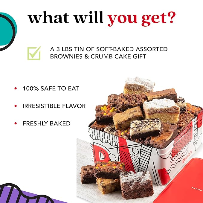 David's Cookies Assorted Brownies & Crumb Cake Gift Tin 3Lbs - Delicious, Fresh Baked Snacks