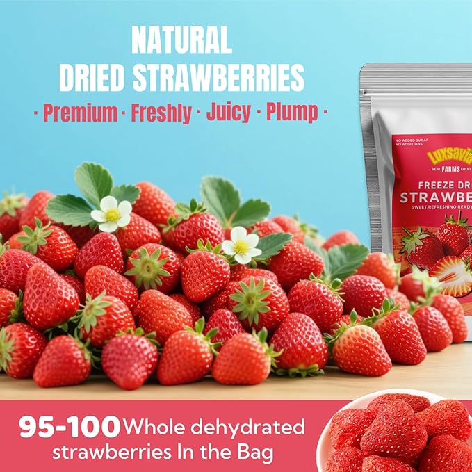 Premium Freeze Dried Strawberries 95-100 per bag,7.05OZ/200g Whole Big Natural Dried Strawberries