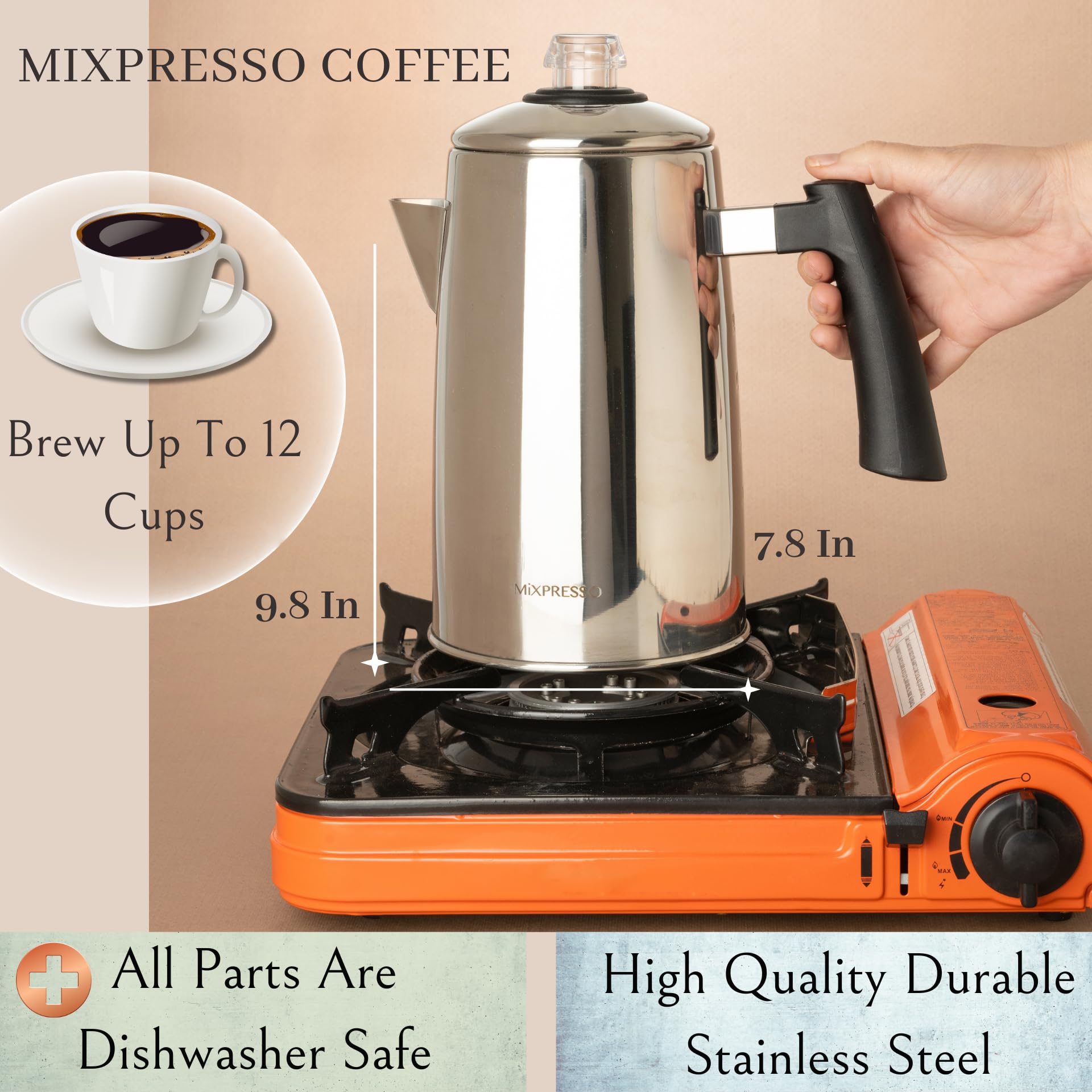 Mixpresso 12 Cup Coffee Percolator Stovetop, Stainless Steel Coffee Pot