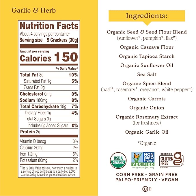 Simple Mills Organic Seed Crackers, Garlic & Herb - Gluten Free, Vegan, Healthy Snacks, Paleo