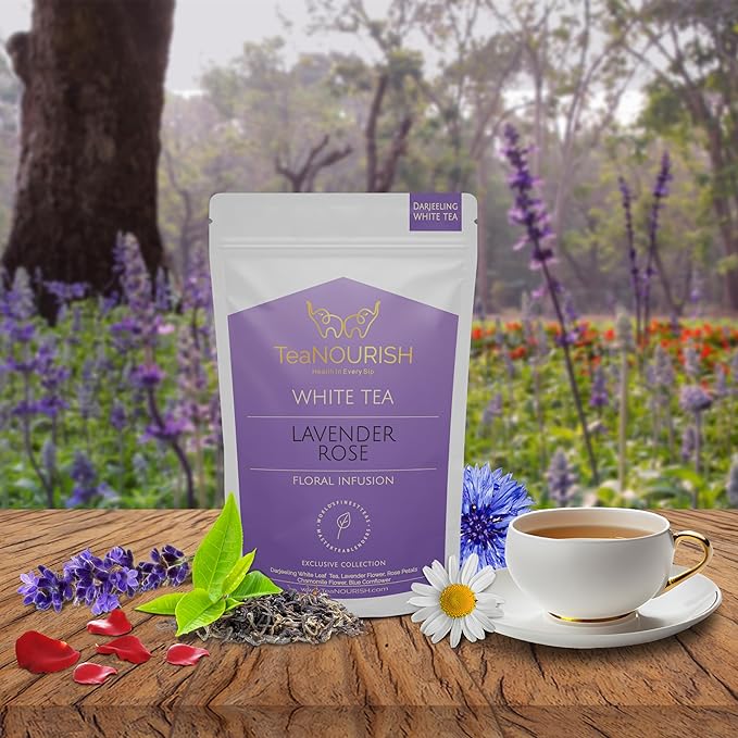 TeaNOURISH Lavender Rose White Tea | Darjeeling Silver Needles White Loose Leaf Tea Blended with