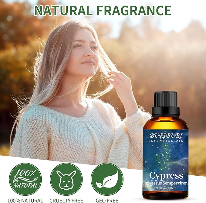 BURIBURI 100ML Cypress Essential Oil, 100% Pure Undiluted Aromatherapy Cypress Oil 3.38fl.oz for