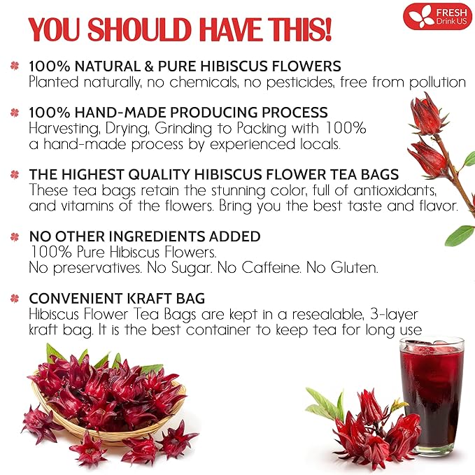 FRESHDRINKUS 115 Hibiscus Flowers Tea Bags, 100 Percent Natural, Pure from Hibiscus Flowers. Loose