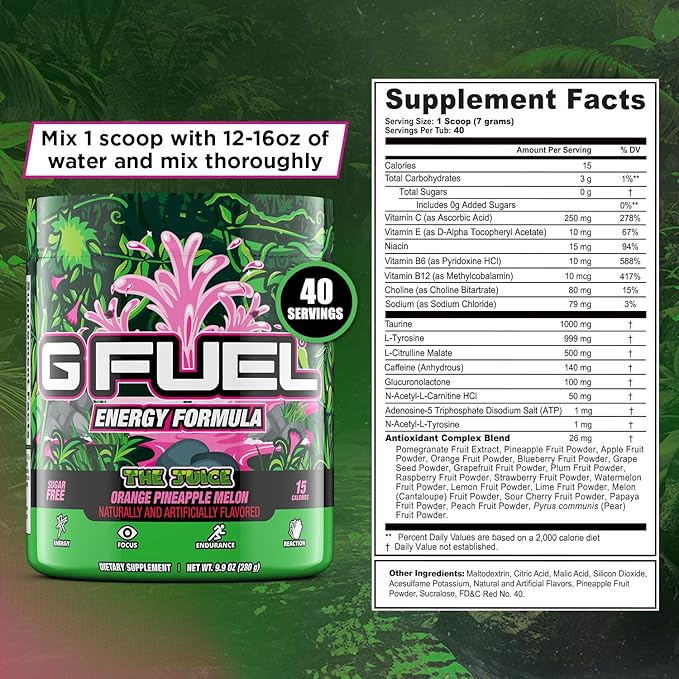 G Fuel The Juice Energy Drink Powder, Pre Workout Caffeine Mix for Gaming, Sugar Free Focus Amino