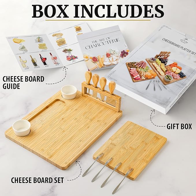 Zulay Kitchen Premium Bamboo Cheese Board Set - Extra Thick Bamboo Charcuterie Board Set with 4