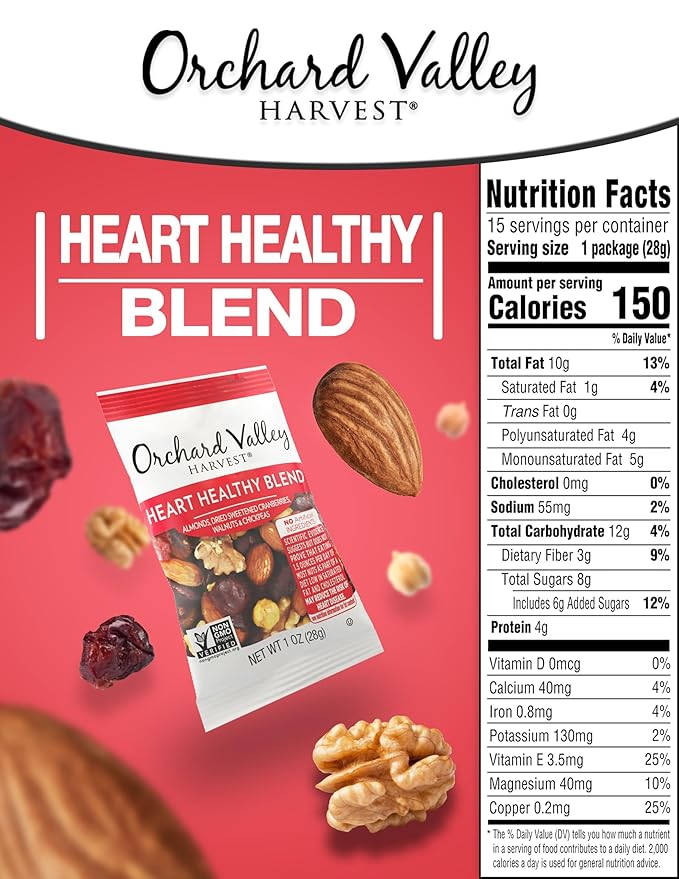 Orchard Valley Harvest Heart Healthy Blend, 1 Ounce Bags (Pack of 15), Almonds, Cranberries