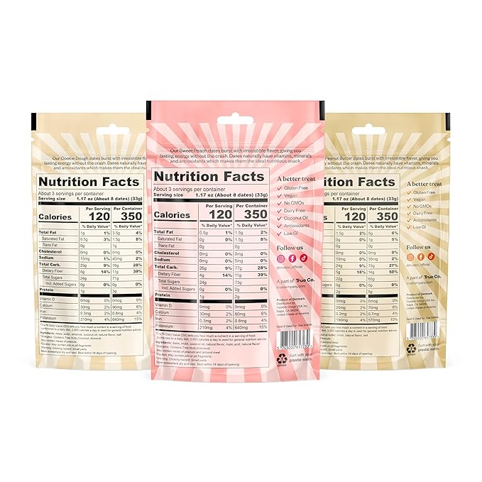 True Dates, Sweet Flavor Variety, 3-3.5 Ounce Bags (Creamy Peanut Butter, Cookie Dough, Sweet
