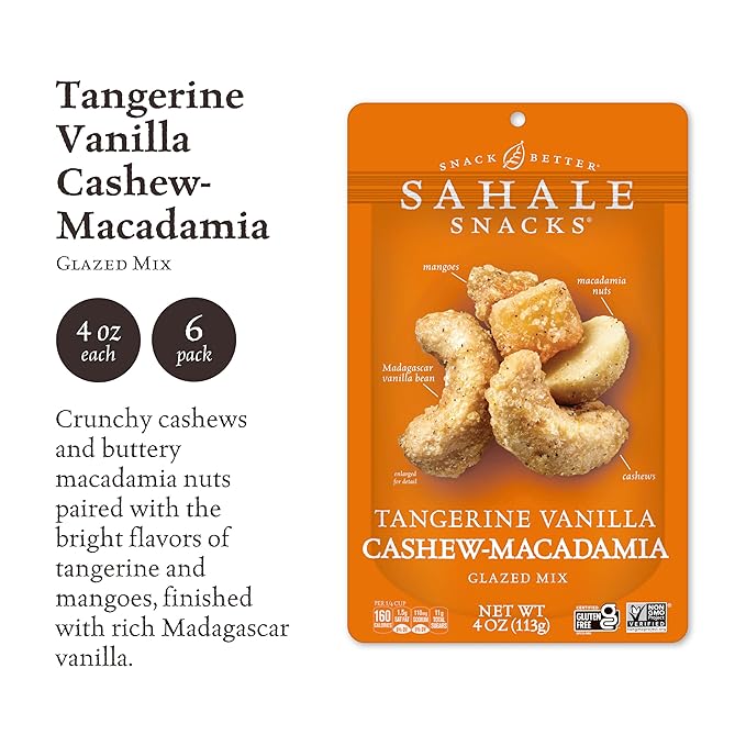 Sahale Snacks Tangerine Vanilla Cashew-Macadamia Glazed Mix, 4 oz Pouches (6 Packs) - Dry-Roasted