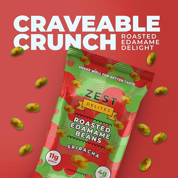 Crunchy Dry Roasted Edamame Beans Snack by Zest Delites, Sriracha, Vegan, Low Calorie (110cal) High