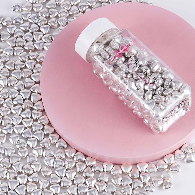 Kasvan Silver Heart Shapes Sprinkles - Edible Candy Pearls 100g/3.58 Oz, Mix Size, Baking Cake