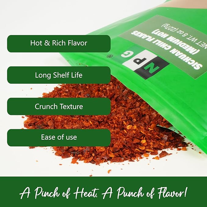 NPG Authentic Sichuan Chili Flakes 8 Ounces, Medium Hot, Szechuan Crushed Red Pepper Flakes Bulk