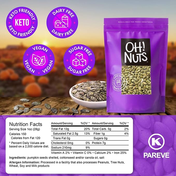 Oh! Nuts Pumpkin Seeds - Roasted Salted - 3 lb - No Shell Pepitas - Packed in New York Zip-Seal Bag