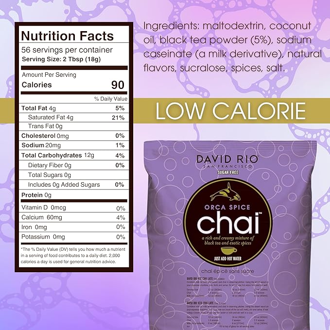 Orca Spice Reduced Calorie Chai Tea Latte Mix, 47.6 Oz, Black Tea, Organic Spices, Sugar Free