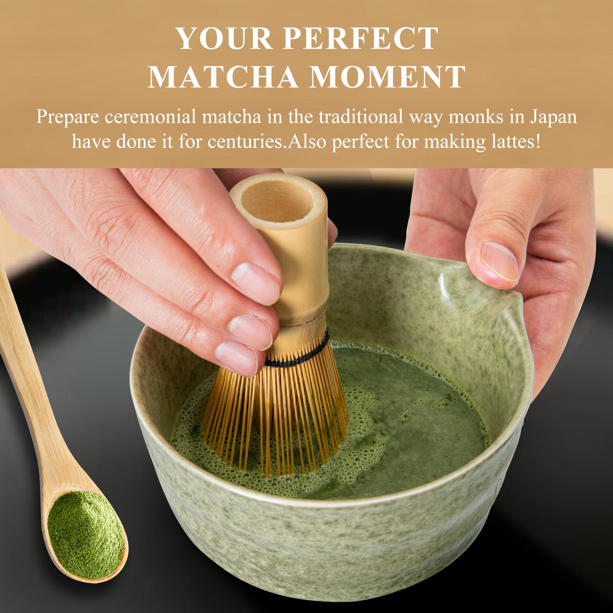 Matcha Whisk Set, Matcha Making Kit Whisk (Chasen Holder), Ceramic Whisk Holder (Mottled Green)