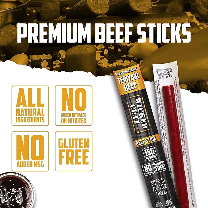 Wicked Cutz Teriyaki Beef Sticks, 15g Protein Per Beef Stick, Tender & Juicy Extra Large Meat