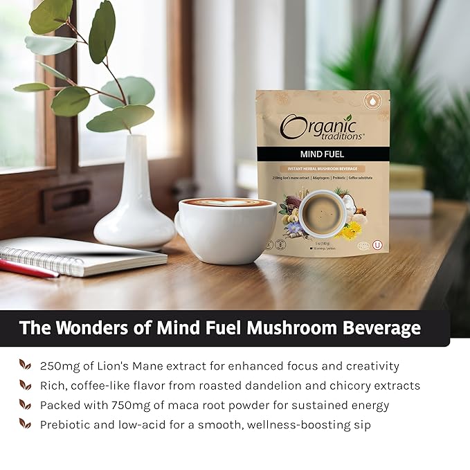 Organic Traditions Mind Fuel Instant Mushroom Coffee Alternative – Caffeine-Free Herbal Mushroom