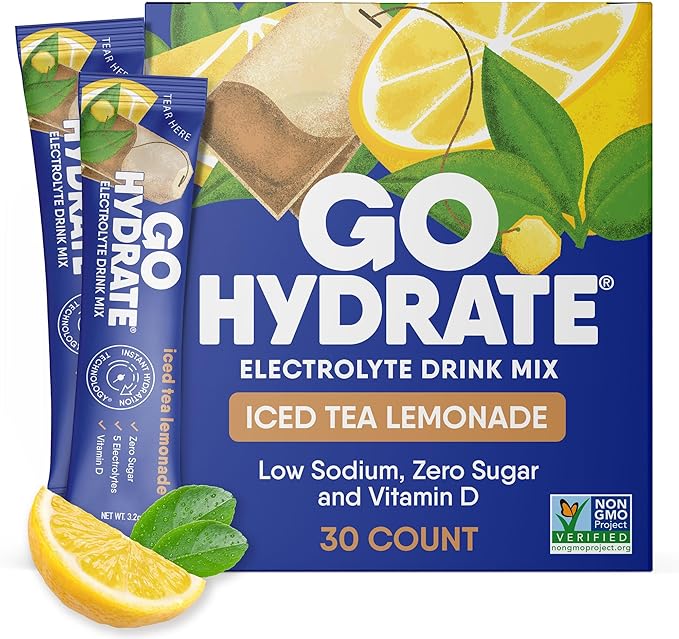 GoHydrate Instant Hydration Powder Packets- Low Sodium Electrolytes Drink Mix with 36mg Caffeine