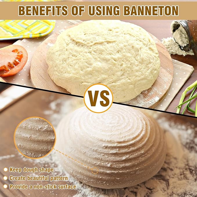 Banneton Bread Proofing Basket Set of 2, 9 Inch Round Sourdough Basket with Liners, Handmade Rattan
