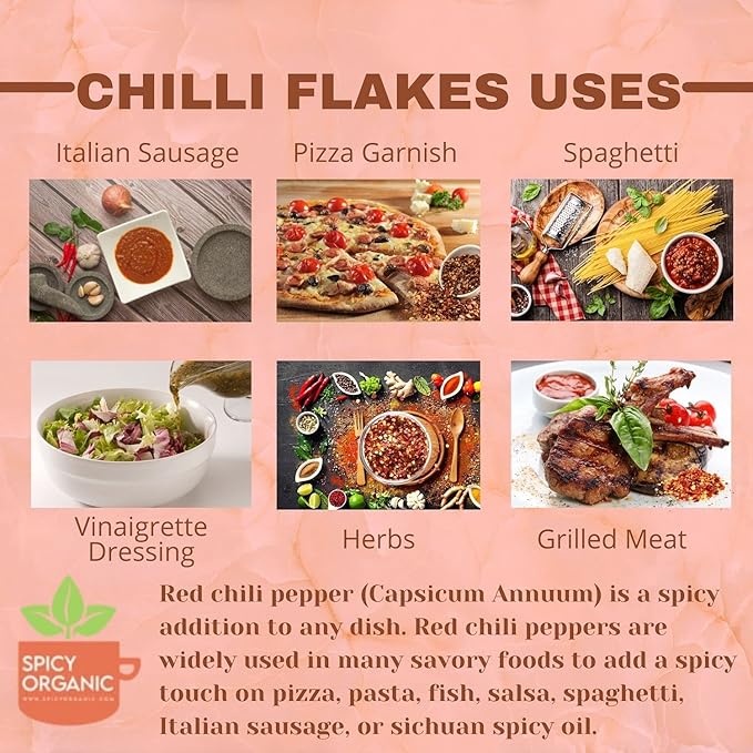 SPICY ORGANIC Crushed Red Pepper Flakes 4 oz. - Robust Chili Peppers Seasoning Spice - USDA