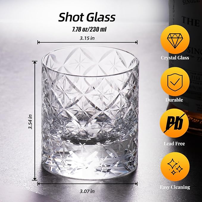 KAMMAK Crystal Whiskey Glasses Set of 2, Hand Blown 7.78oz Old Fashioned Glasses Stemless, Luxury