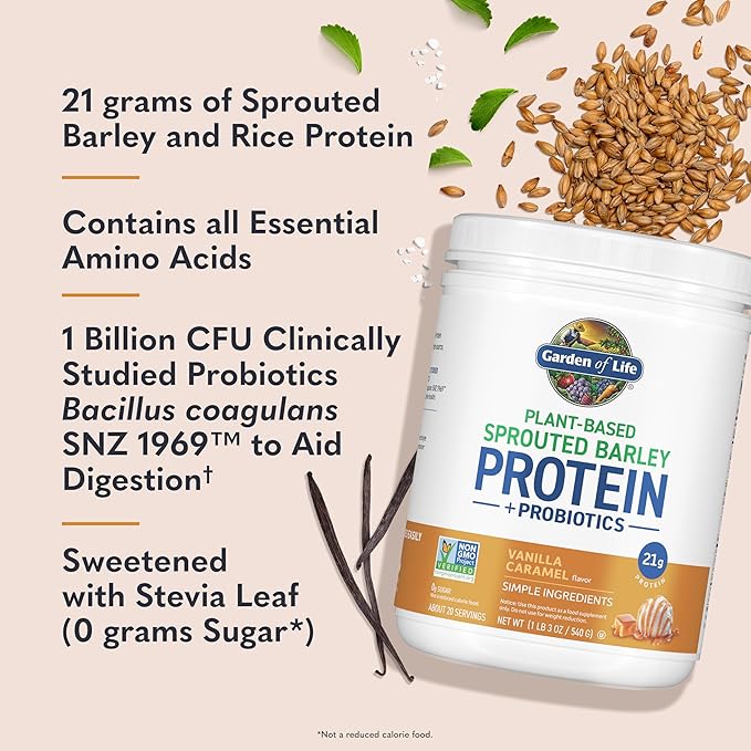 Garden of Life Plant-Based Sprouted Barley Protein, Vanilla Caramel with 21g Protein, 0g Sugar &