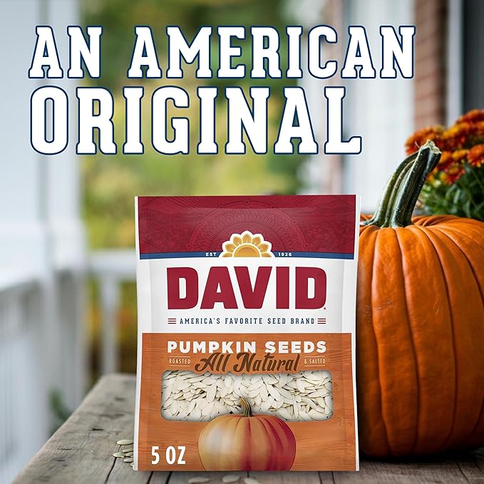 DAVID Roasted and Salted All Natural Pumpkin Seeds, 5oz. (Pack of 12)