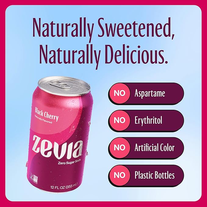 Zevia Zero Sugar Soda, Black Cherry, 12 oz Cans (8-Pack) ??Naturally Sweetened, Non-GMO Project