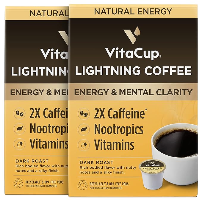 VitaCup Lightning Coffee Pods, for Memory & Focus w/ 2X Caffeine, Green Coffee Bean, B Vitamins