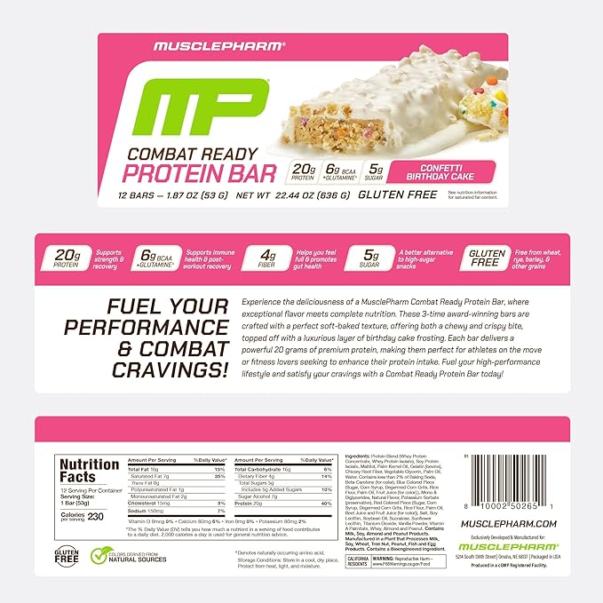 MusclePharm Combat Ready Protein Bar, Confetti Cake High Protein Bars, Combat Cravings, Fuel