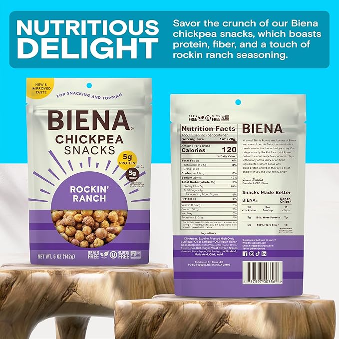 BIENA Chickpea Snacks - Crunchy Roasted Chickpeas - High Fiber Vegan Protein Snacks for Adults and