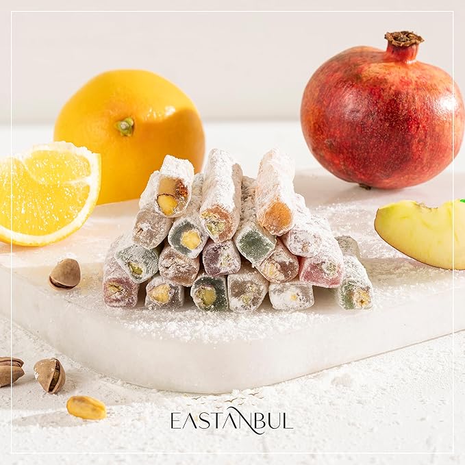 Eastanbul Turkish Delight, 8.8oz, Turkish Delights Candy Sticks Pistachio Filled w/ 4 Flavors:
