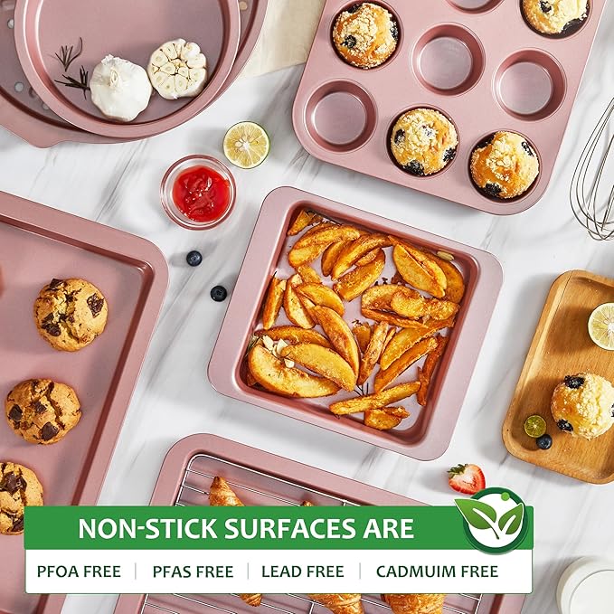HONGBAKE Bakeware Sets, Baking Pans Set, Nonstick Oven Pan for Kitchen with Wider Grips, 10-Piece