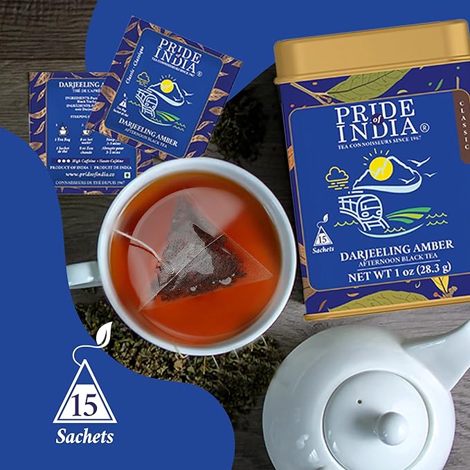 Pride of India | Darjeeling Amber: Afternoon Black Tea | 15 Pyramid Full Leaf Individually Wrapped
