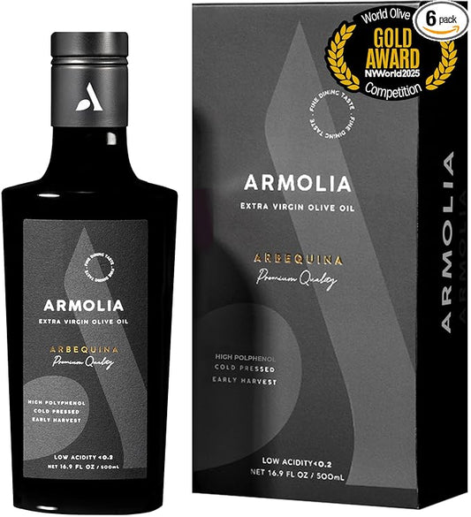 ARMOLIA 6-Pack Olive Oil Extra Virgin, Cold Pressed, Early Harvest, High Polyphenol (<400mg/kg)
