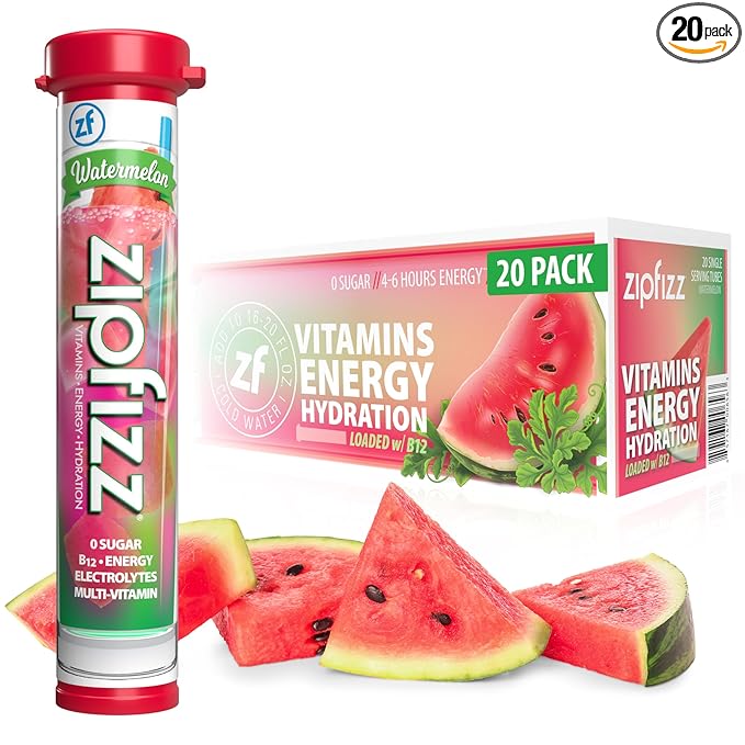 Zipfizz Daily Energy Drink Powder, Watermelon, 20 Pack | 3-in-1 Sustained Energy, Rapid Hydration