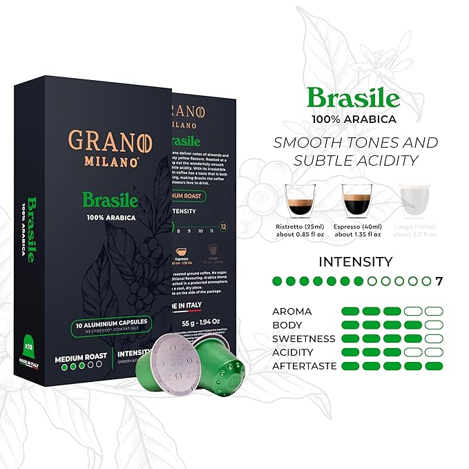 Grano Milano Brasile Coffee Capsules - 100 Aluminum Coffee Pods Compatible with Nespresso Original