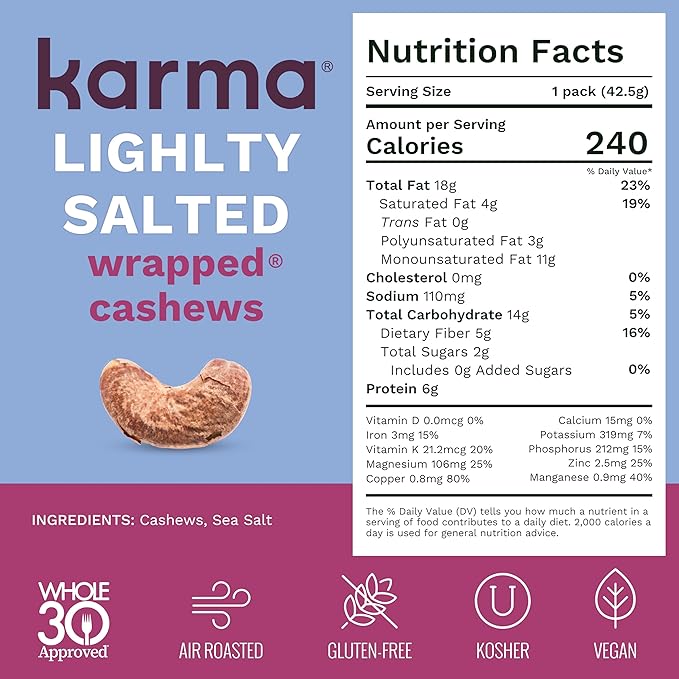 Lightly Salted Cashews with Skin by Karma Nuts, Whole, Roasted, Vegan, Gluten Free, Low Net Carb