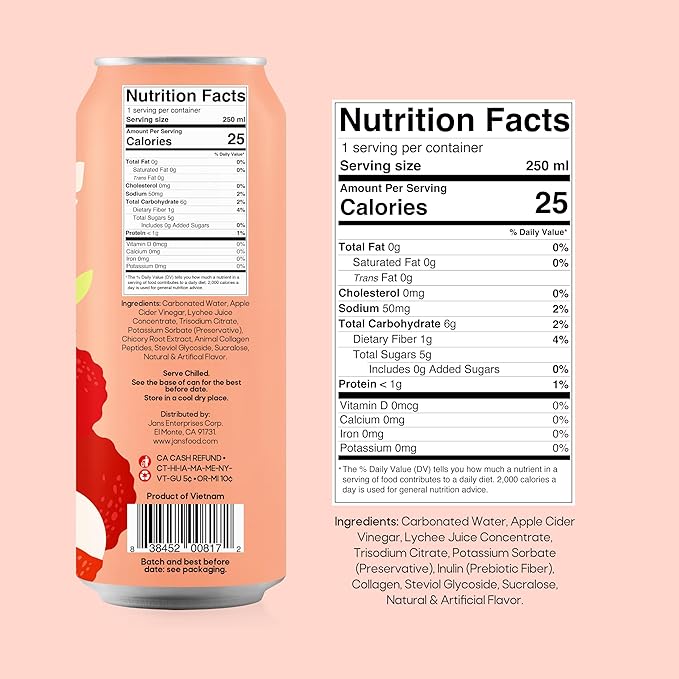 Jans Sparkling Prebiotic with Collagen Soda Beverage ??Lychee 8.4 Fl Oz (6-Pack) ??Low Calorie, NO