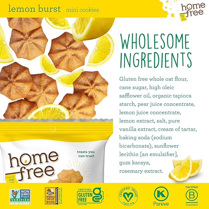 Homefree Treats You Can Trust Gluten Free Mini Cookies, Single Serve, Lemon Burst, 1.0 Ounce (Pack